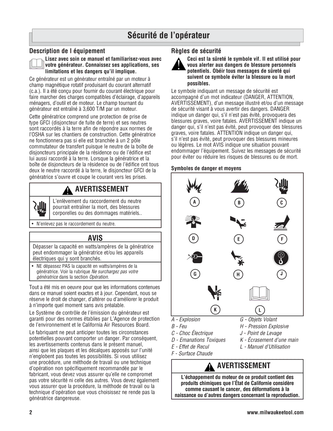 Milwaukee 4970-24 Sécurité de l’opérateur, Description de l équipement, Règles de sécurité, Symboles de danger et moyens 