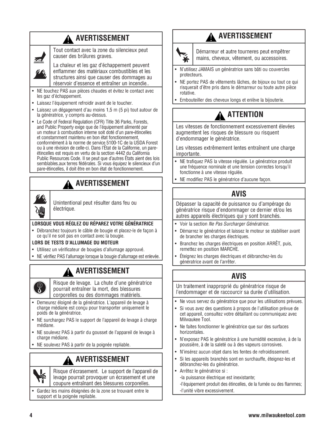 Milwaukee 4970-24 Unintentional peut résulter dans feu ou électrique, Lorsque vous réglez ou réparez votre Génératrice 