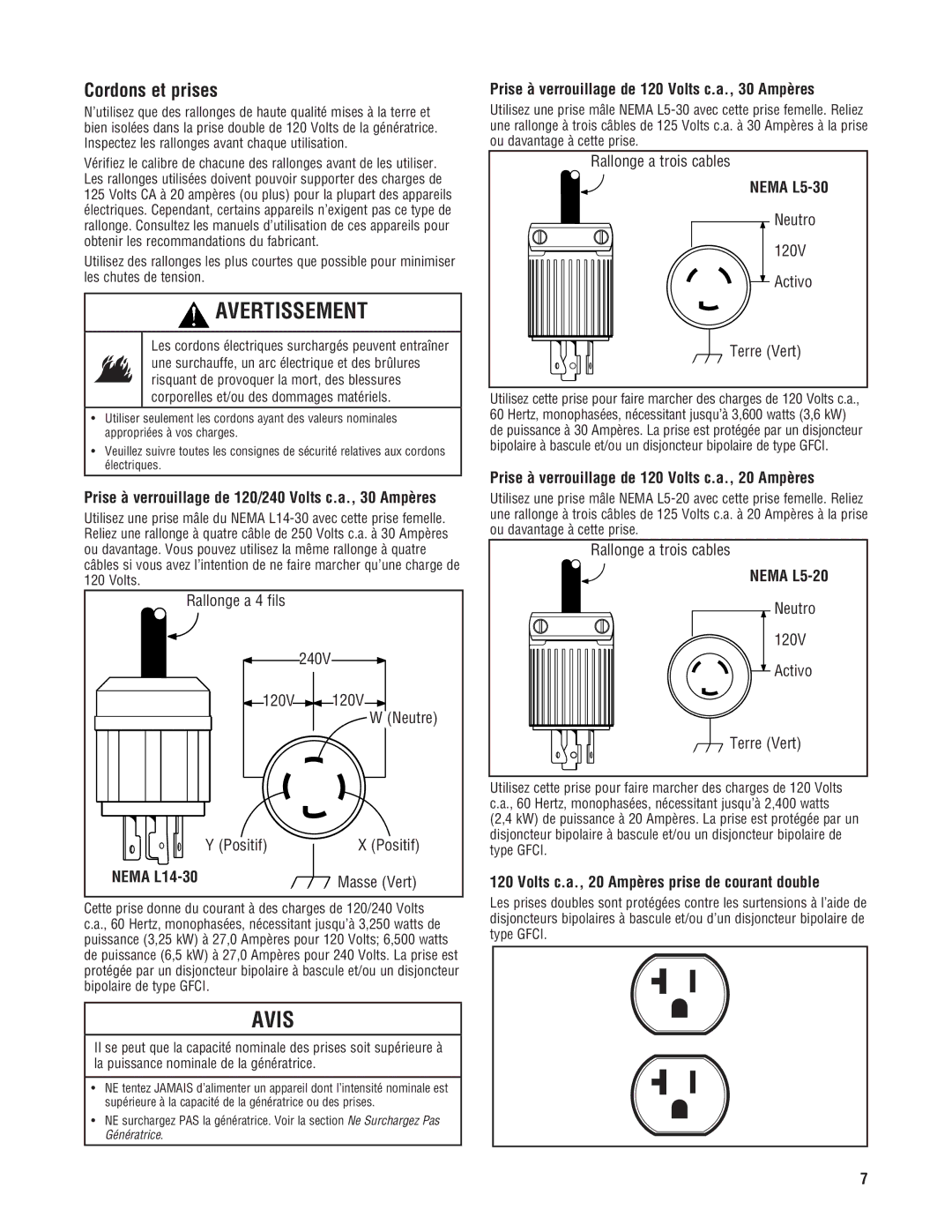 Milwaukee 4960-24, 4970-24 manuel dutilisation Cordons et prises, Prise à verrouillage de 120/240 Volts c.a., 30 Ampères 