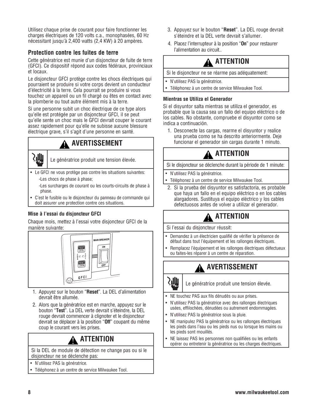 Milwaukee 4970-24, 4960-24 manuel dutilisation Protection contre les fuites de terre, Mise à l’essai du disjoncteur Gfci 