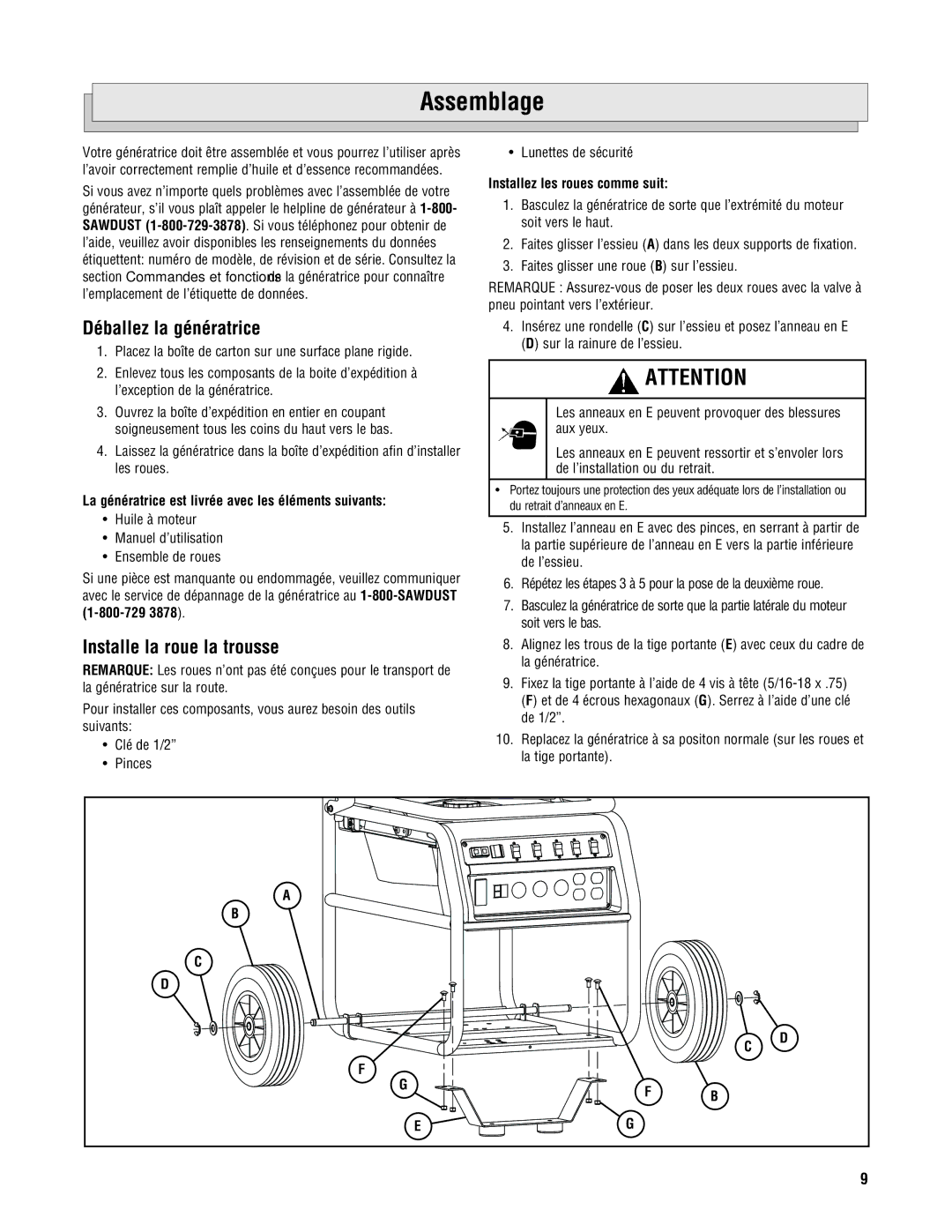 Milwaukee 4960-24 Assemblage, Déballez la génératrice, Installe la roue la trousse, Installez les roues comme suit 