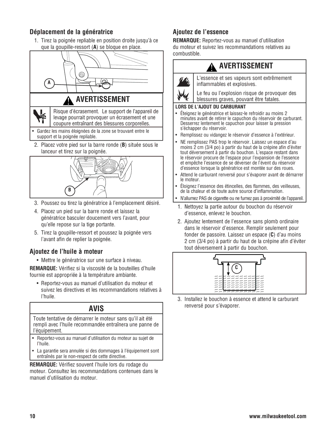 Milwaukee 4970-24, 4960-24 Déplacement de la génératrice, Ajoutez de l’huile à moteur, Ajoutez de l’essence 