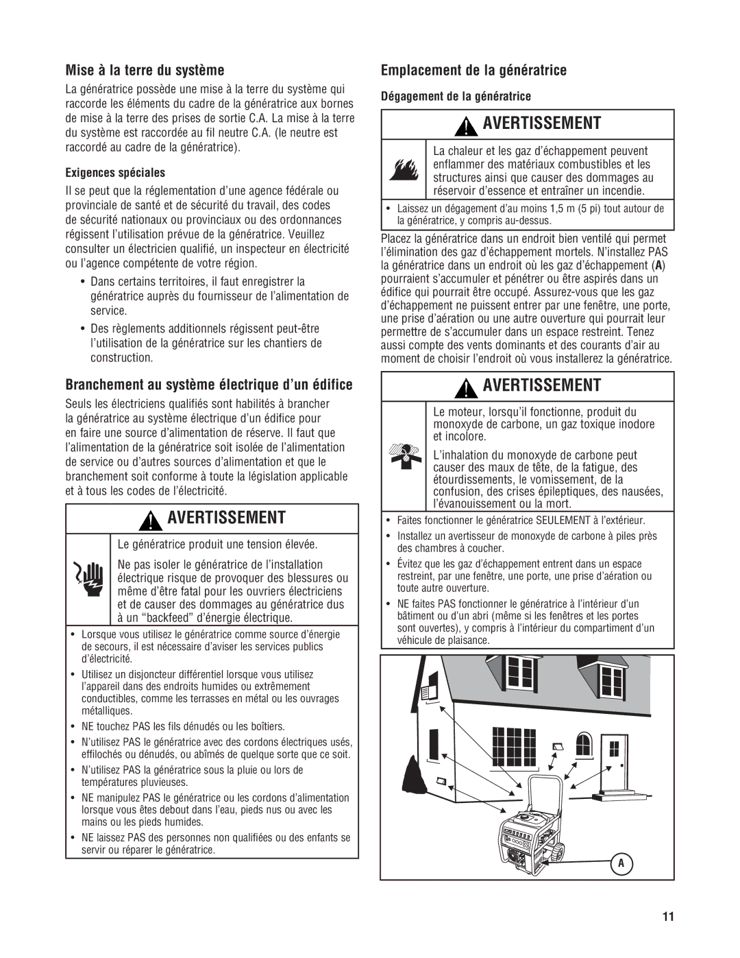 Milwaukee 4960-24, 4970-24 Mise à la terre du système, Emplacement de la génératrice, Exigences spéciales 