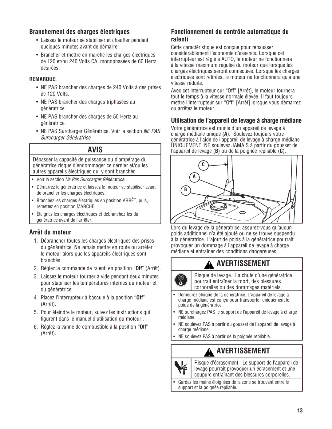 Milwaukee 4960-24 Branchement des charges électriques, Arrêt du moteur, Fonctionnement du contrôle automatique du ralenti 