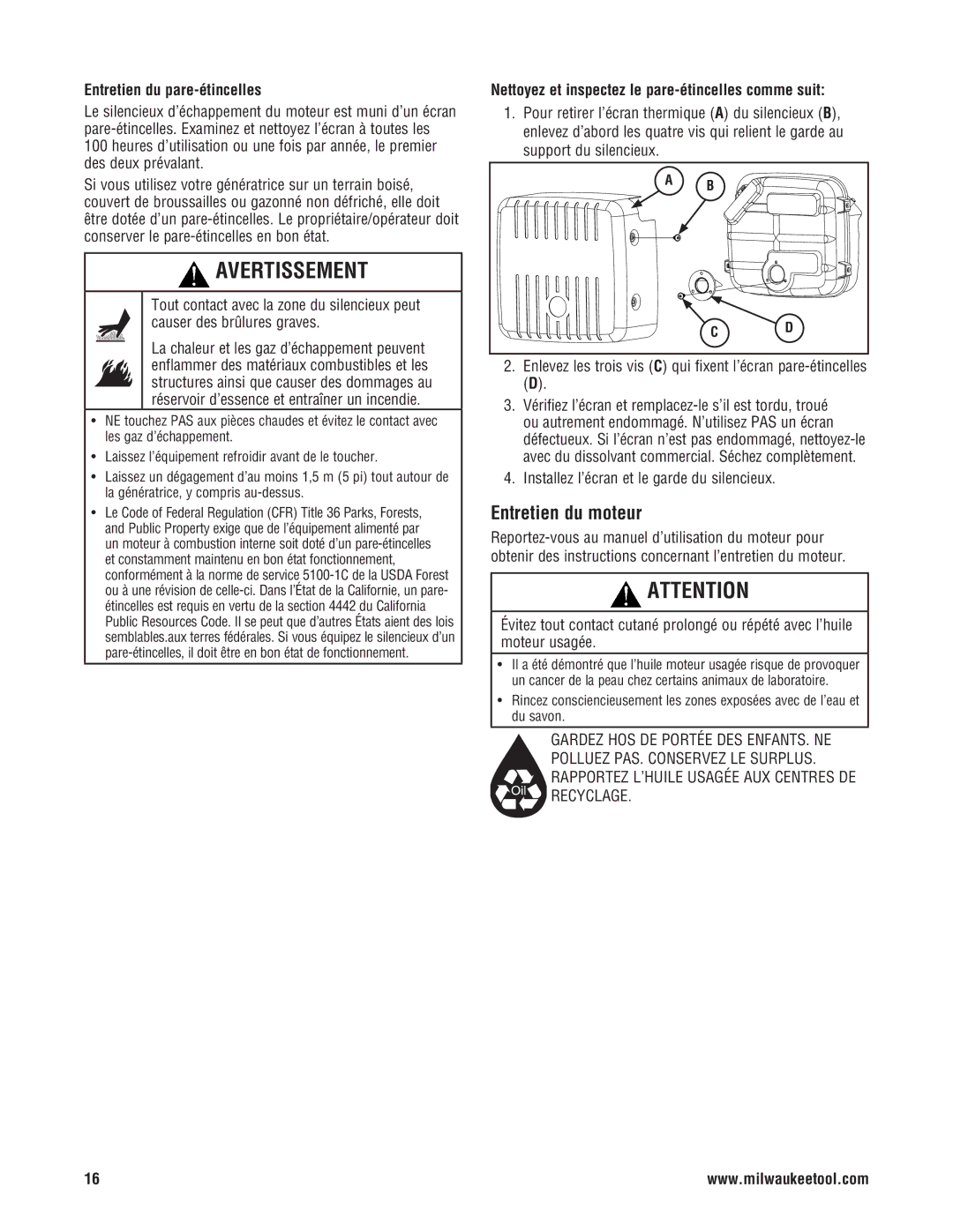 Milwaukee 4970-24 Entretien du moteur, Entretien du pare-étincelles, Nettoyez et inspectez le pare-étincelles comme suit 