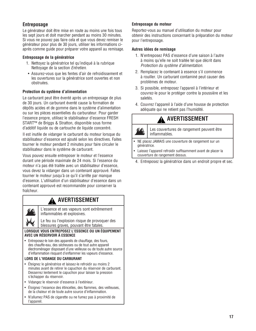 Milwaukee 4960-24, 4970-24 Entreposage de la génératrice, Protection du système d’alimentation, Entreposage du moteur 