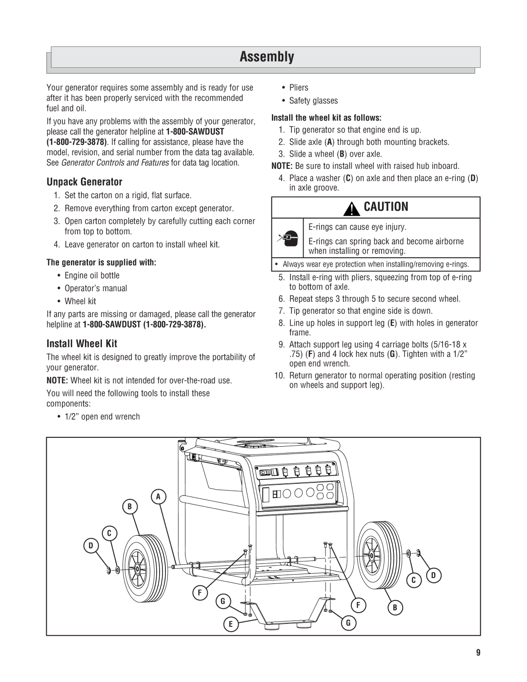 Milwaukee 4960-24, 4970-24 manuel dutilisation Assembly, Unpack Generator, Install Wheel Kit, Generator is supplied with 