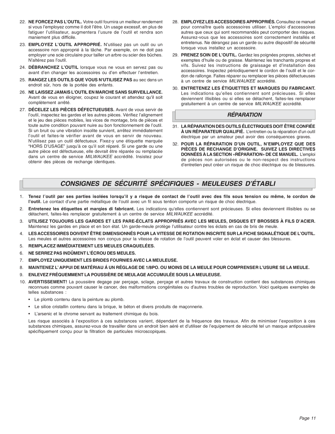 Milwaukee 4931, 5051, 5091, 4995, 4991, 4935 manual Consignes DE Sécurité Spécifiques Meuleuses D’ÉTABLI, Réparation 