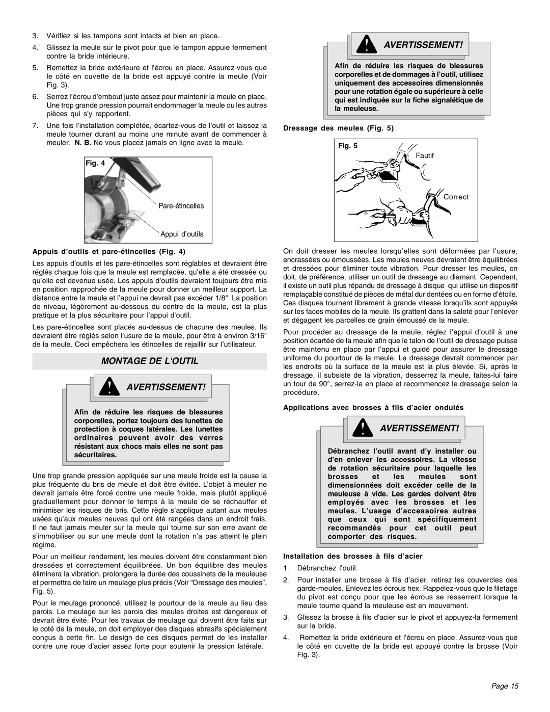 Milwaukee 4991, 5051, 5091, 4995, 4935, 4931 manual Montage DE Loutil Avertissement, Appuis d’outils et pare-étincelles Fig 