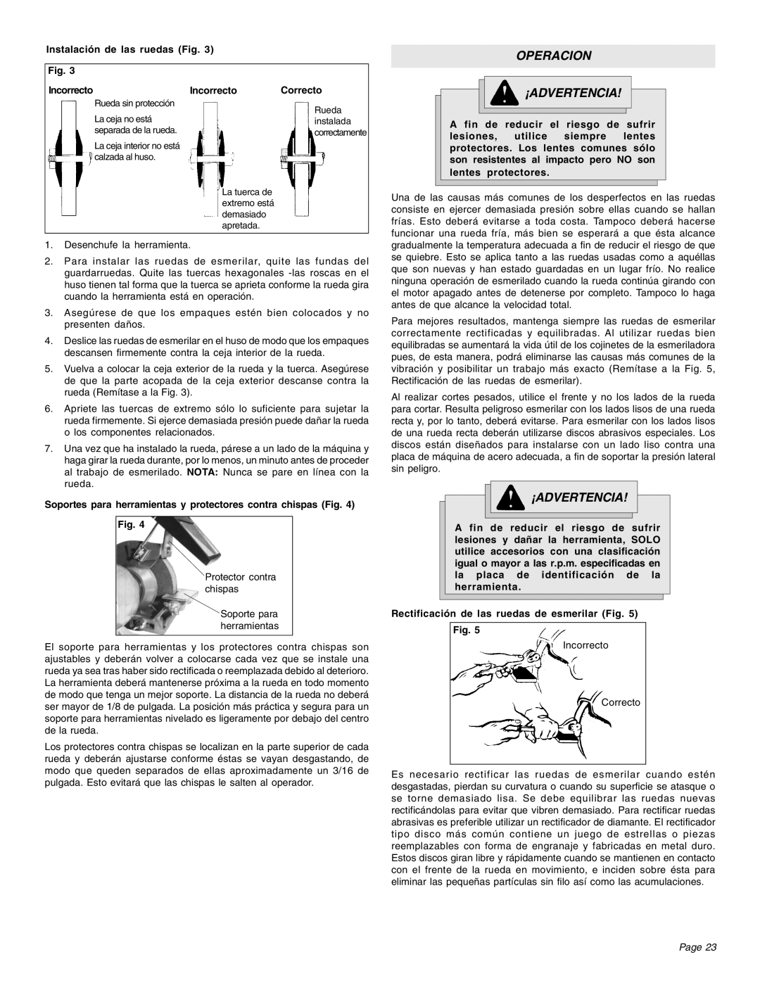 Milwaukee 4931, 5051, 5091, 4995, 4991, 4935 manual Operacion ¡ADVERTENCIA, Instalación de las ruedas Fig Incorrecto 