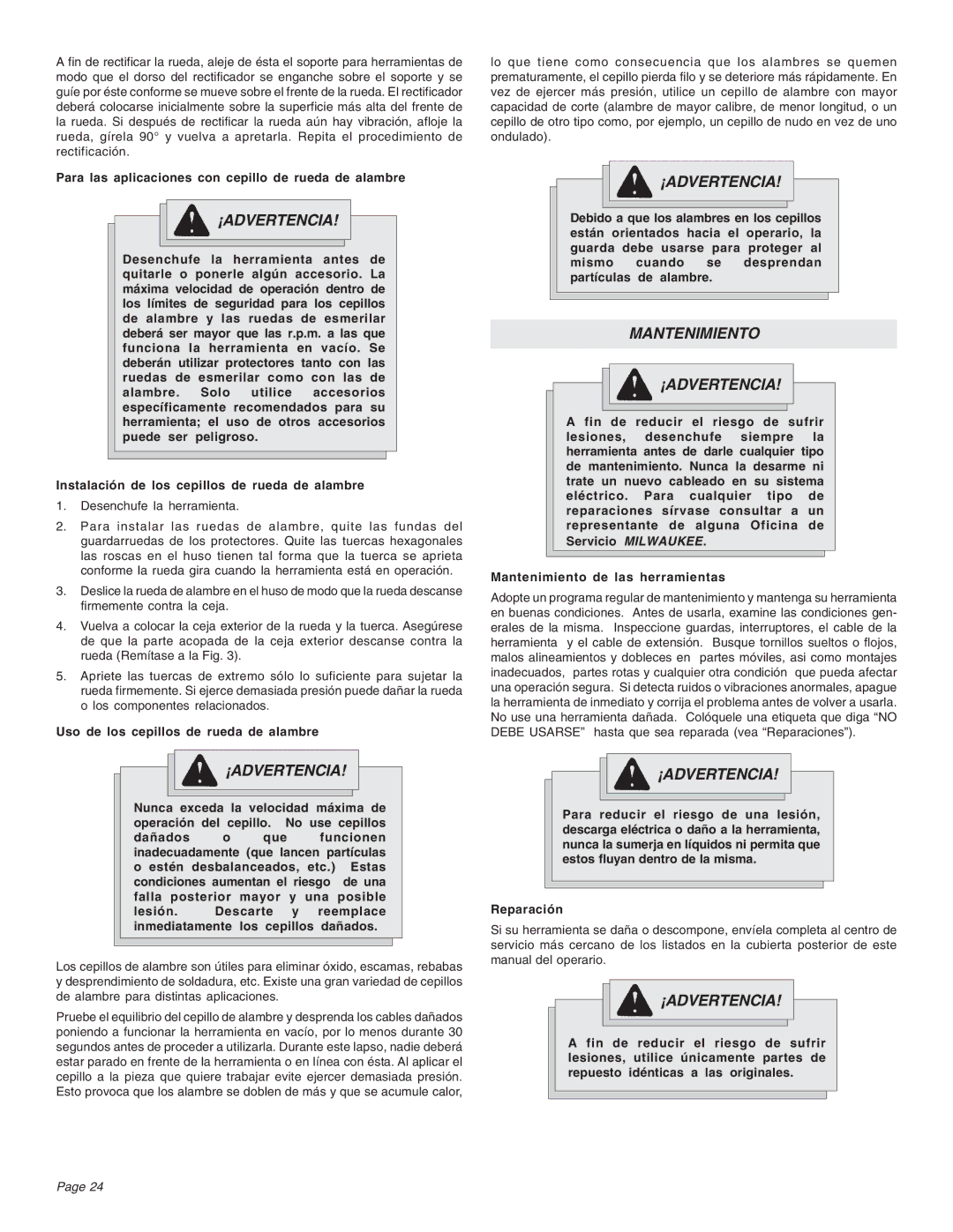 Milwaukee 5051, 5091, 4995 Mantenimiento ¡ADVERTENCIA, Para las aplicaciones con cepillo de rueda de alambre, Reparación 