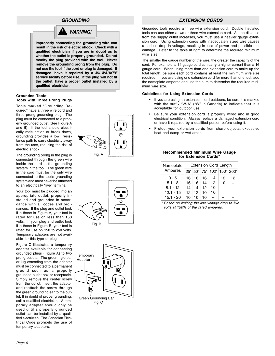 Milwaukee 5051, 5091, 4995, 4991, 4935, 4931 manual Grounding, Extension Cords, Grounded Tools Tools with Three Prong Plugs 