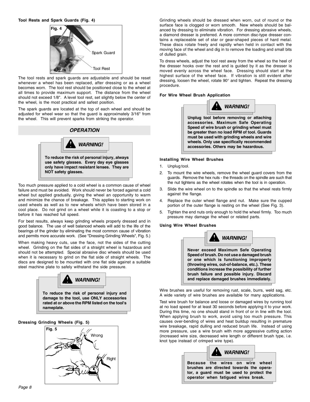 Milwaukee 4995 Operation, Tool Rests and Spark Guards Fig, For Wire Wheel Brush Application, Installing Wire Wheel Brushes 