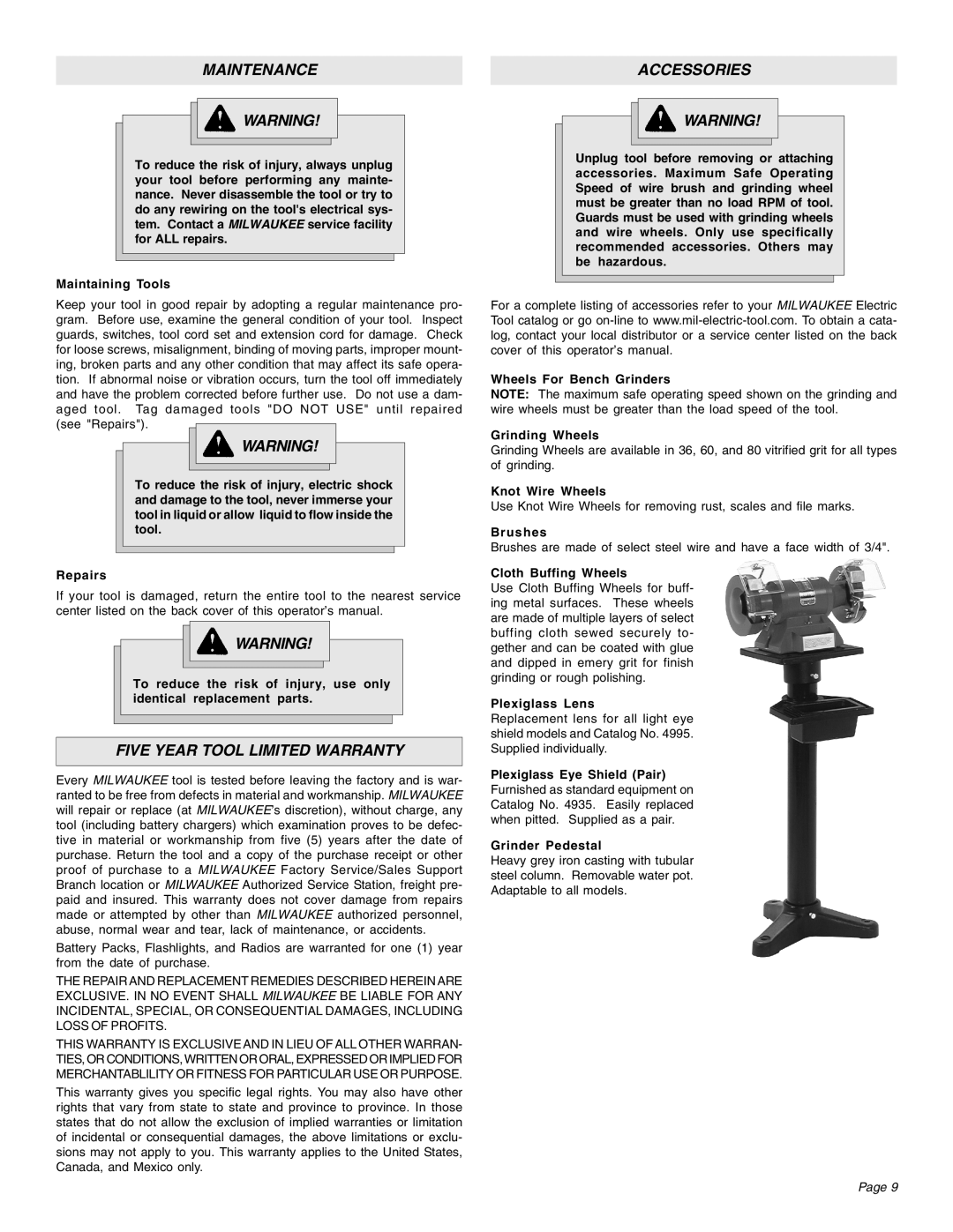 Milwaukee 4991, 5051, 5091, 4995, 4935, 4931 manual Maintenance, Five Year Tool Limited Warranty, Accessories 