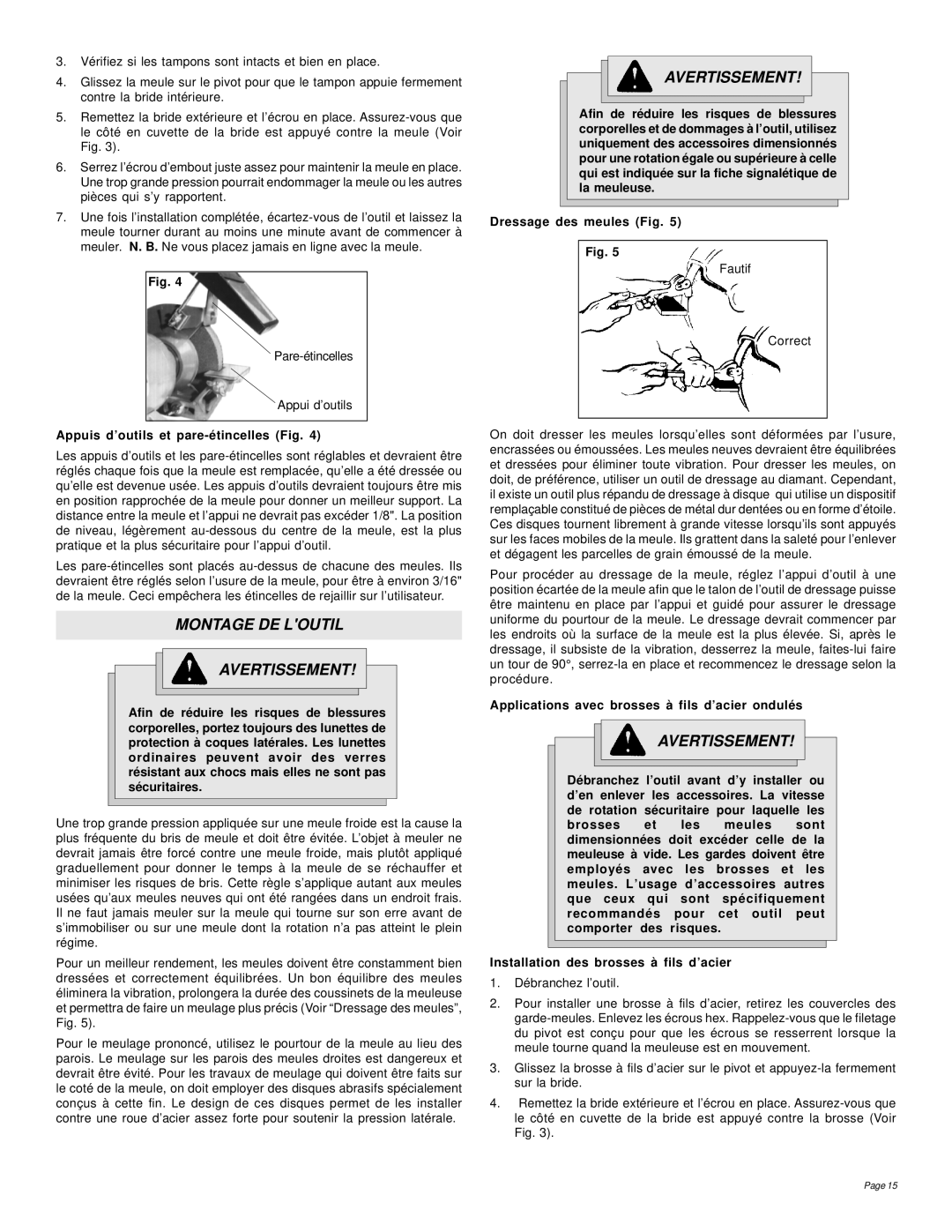 Milwaukee 4995, 5051, 5091 Montage DE Loutil Avertissement, Appuis d’outils et pare-étincelles Fig, Dressage des meules Fig 