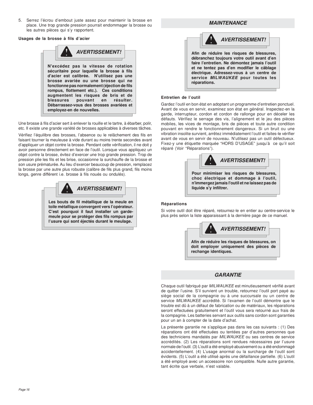 Milwaukee 4991, 5051, 5091 Maintenance Avertissement, Garantie, Usages de la brosse à fils d’acier, Entretien de l’outil 