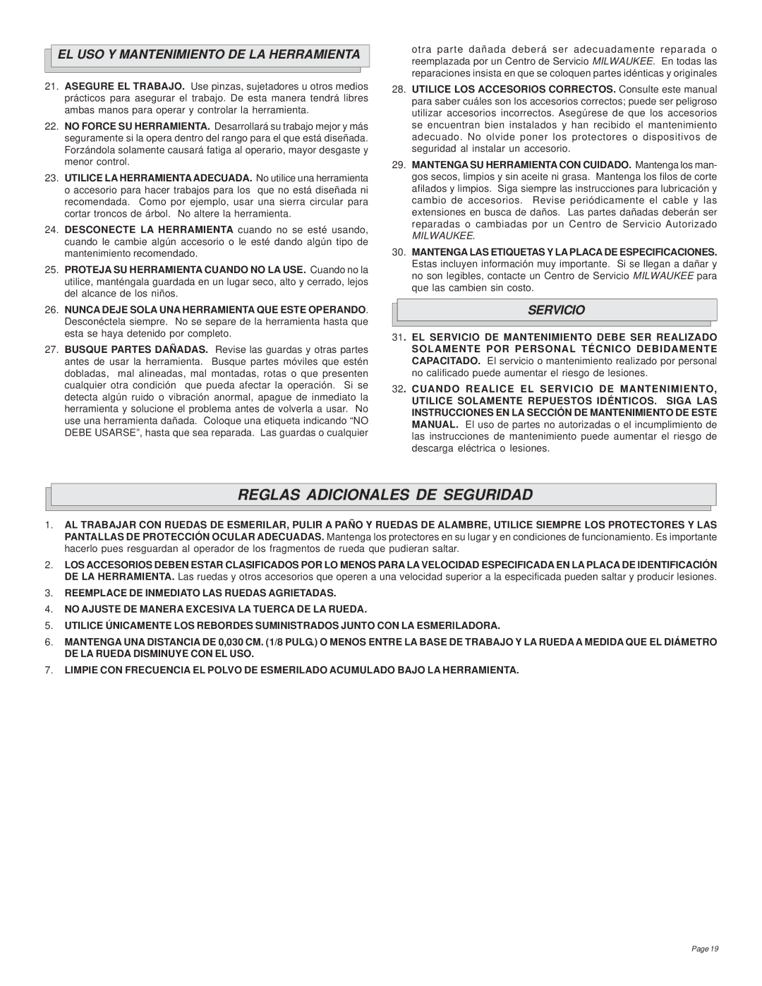 Milwaukee 5051, 5091, 4995, 4991, 4935 Reglas Adicionales DE Seguridad, EL USO Y Mantenimiento DE LA Herramienta, Servicio 