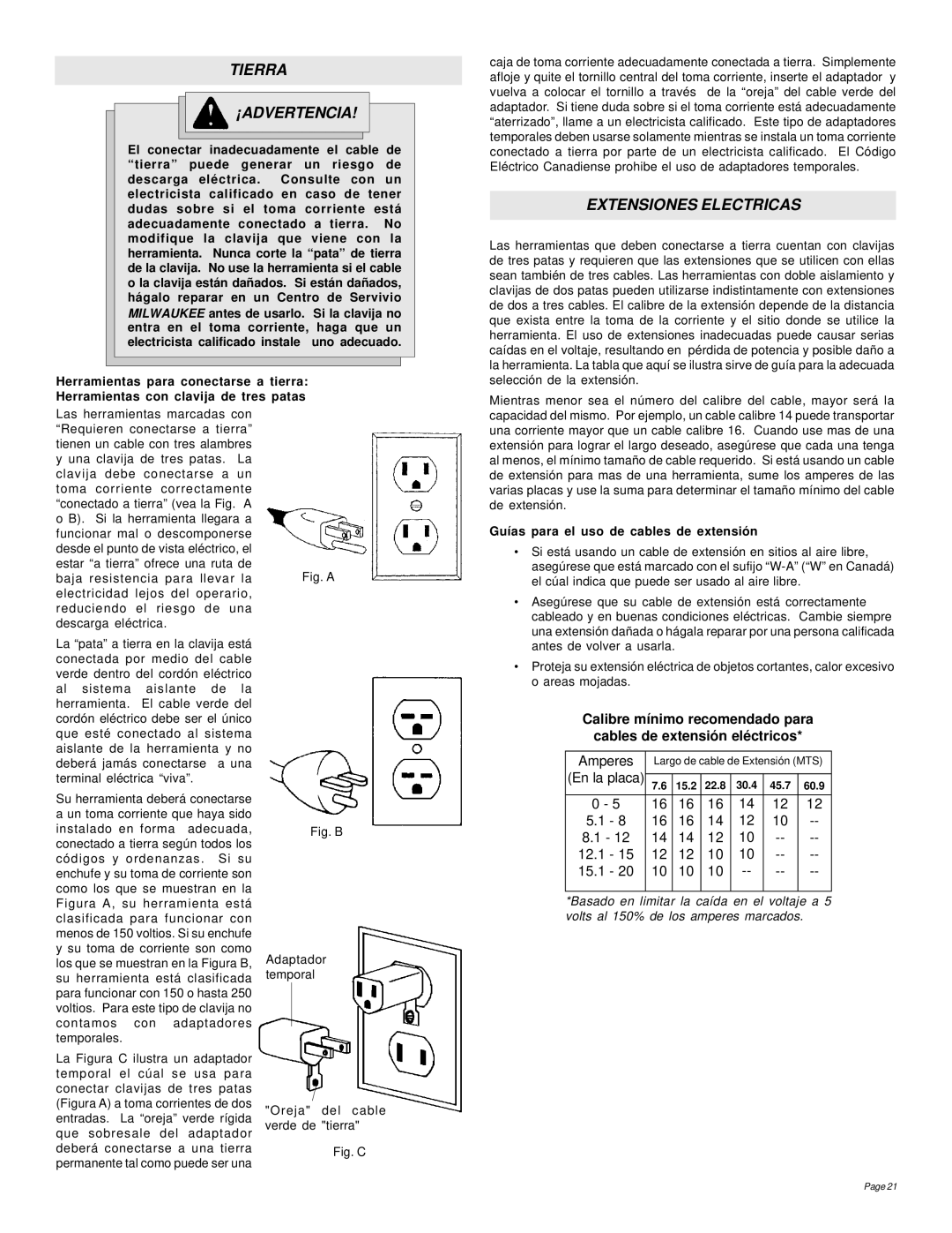 Milwaukee 4995, 5051, 5091, 4991, 4935 Tierra ¡ADVERTENCIA, Extensiones Electricas, Guías para el uso de cables de extensión 