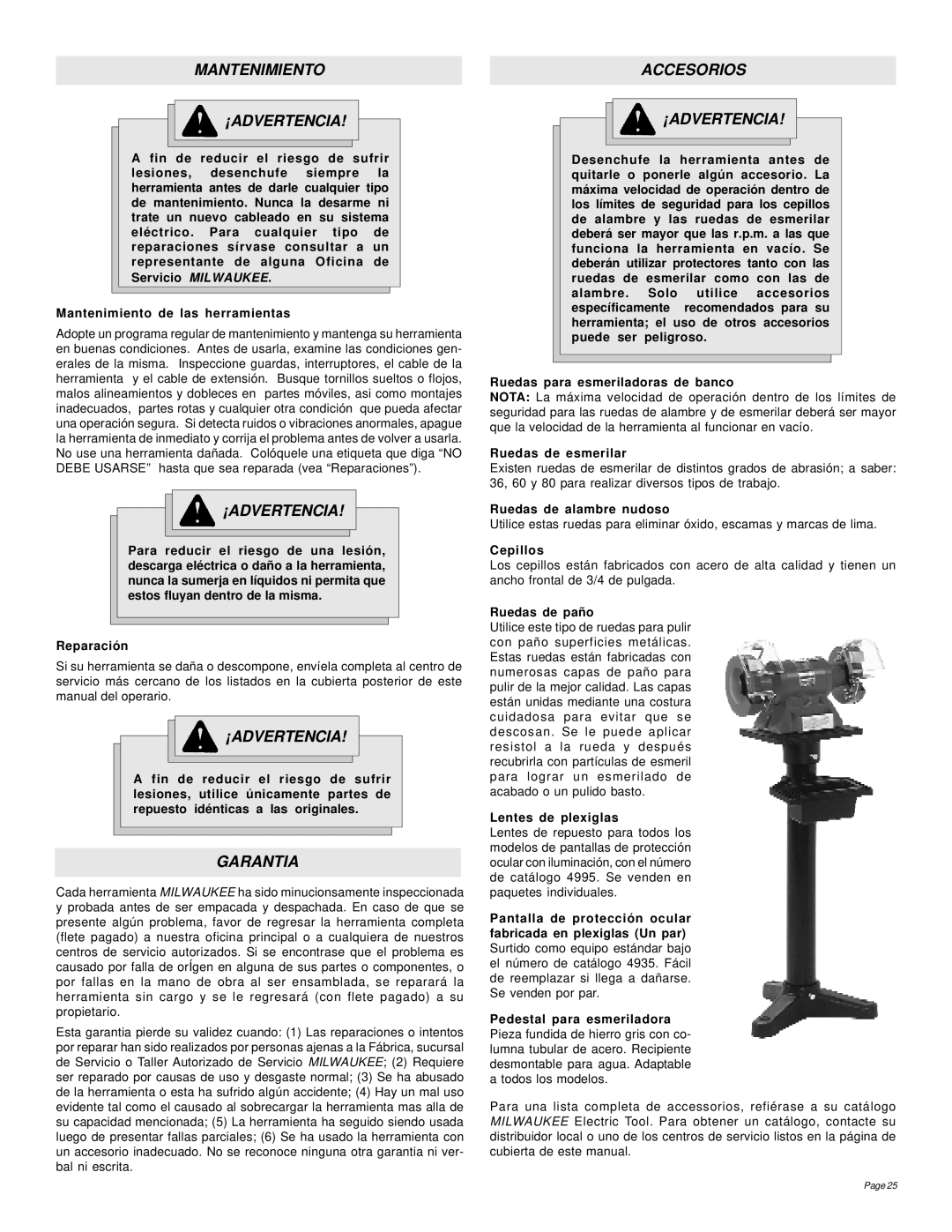 Milwaukee 5051, 5091, 4995, 4991, 4935, 4931 manual Mantenimiento Accesorios ¡ADVERTENCIA, Garantia 