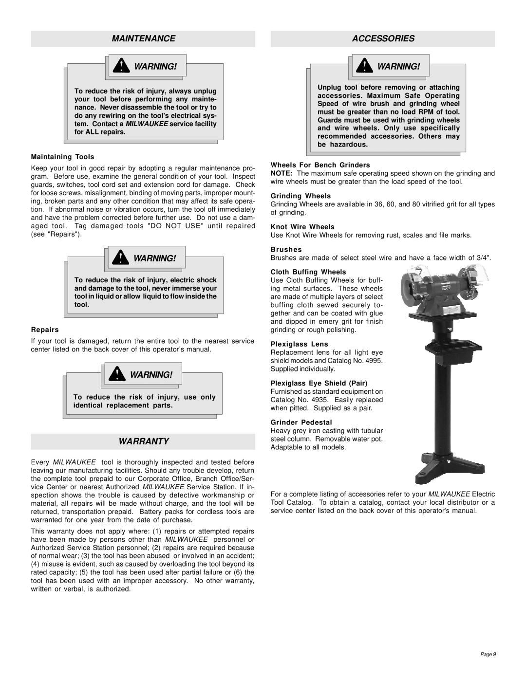 Milwaukee 4995, 5051, 5091, 4991, 4935, 4931 manual Maintenance, Warranty, Accessories 