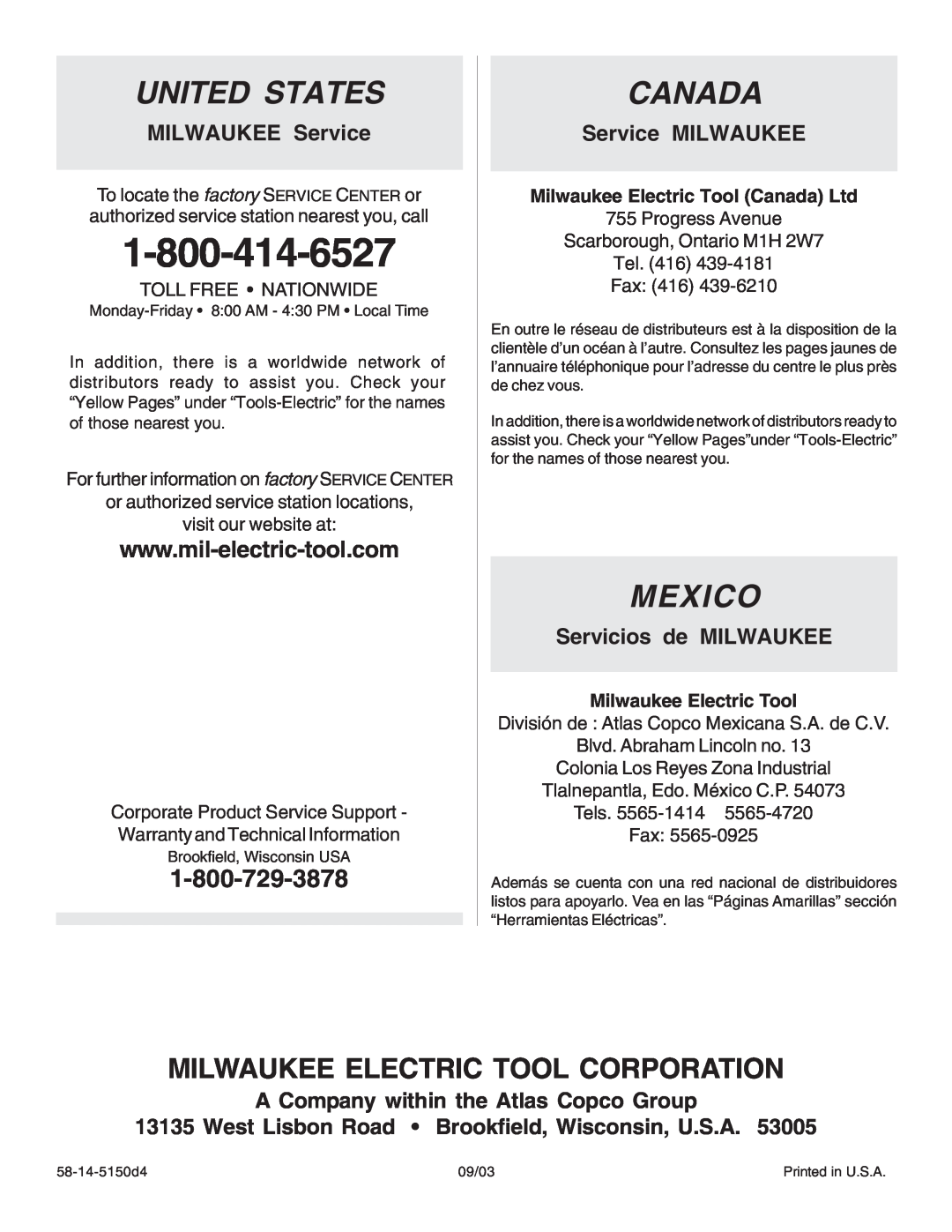 Milwaukee 4935, 5051, 5091, 4995 United States, Canada, Mexico, MILWAUKEE Service, Service MILWAUKEE, Servicios de MILWAUKEE 