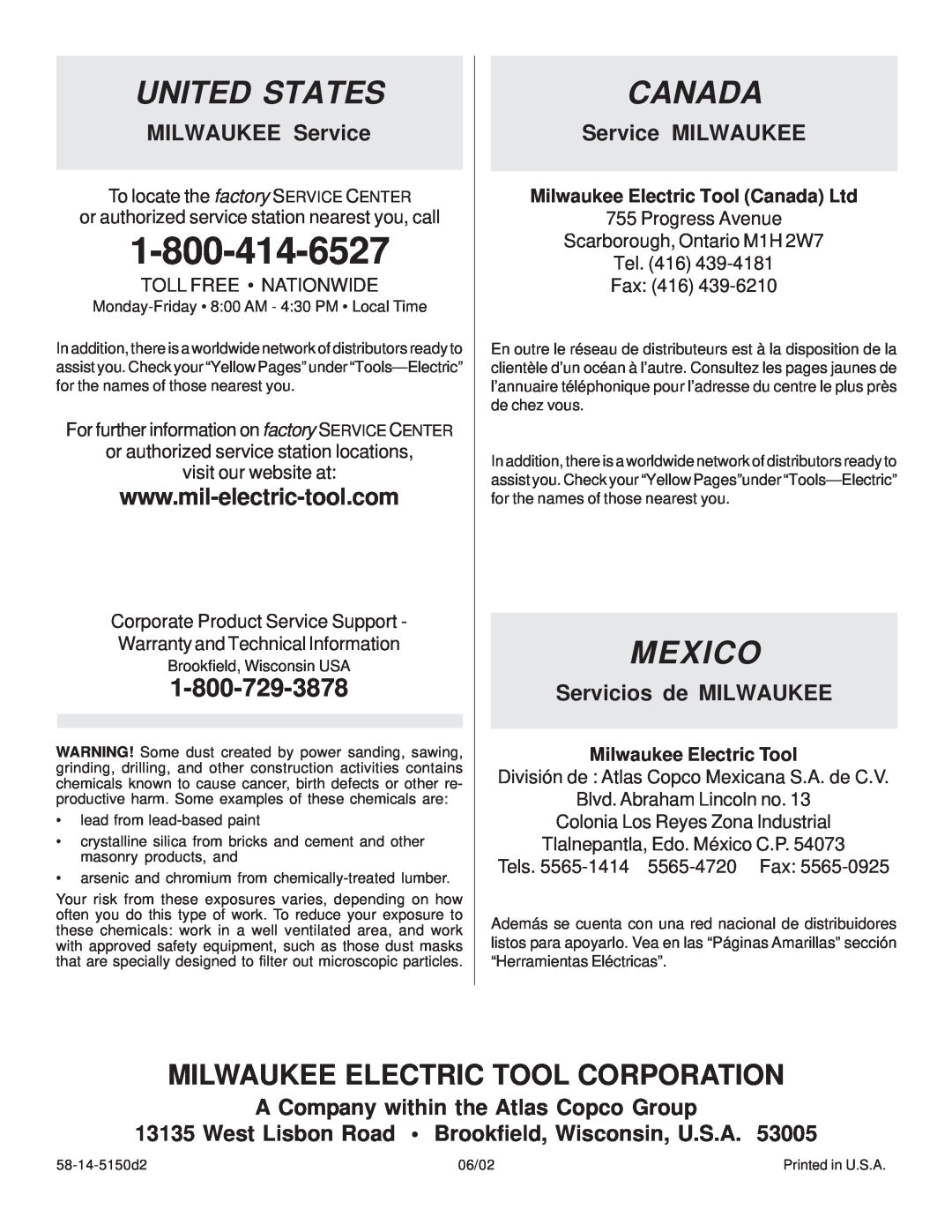 Milwaukee 4991, 5051, 5091, 4995 United States, Canada, Mexico, MILWAUKEE Service, Service MILWAUKEE, Servicios de MILWAUKEE 