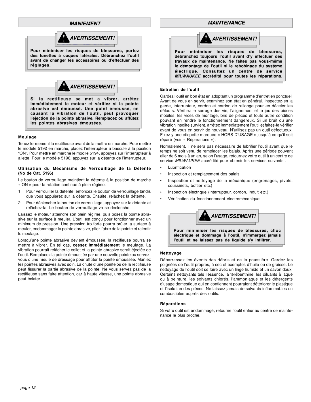 Milwaukee 5192, 5196, 5194 manual Maniement Avertissement, Maintenance Avertissement, Entretien de l’outil, Réparations 