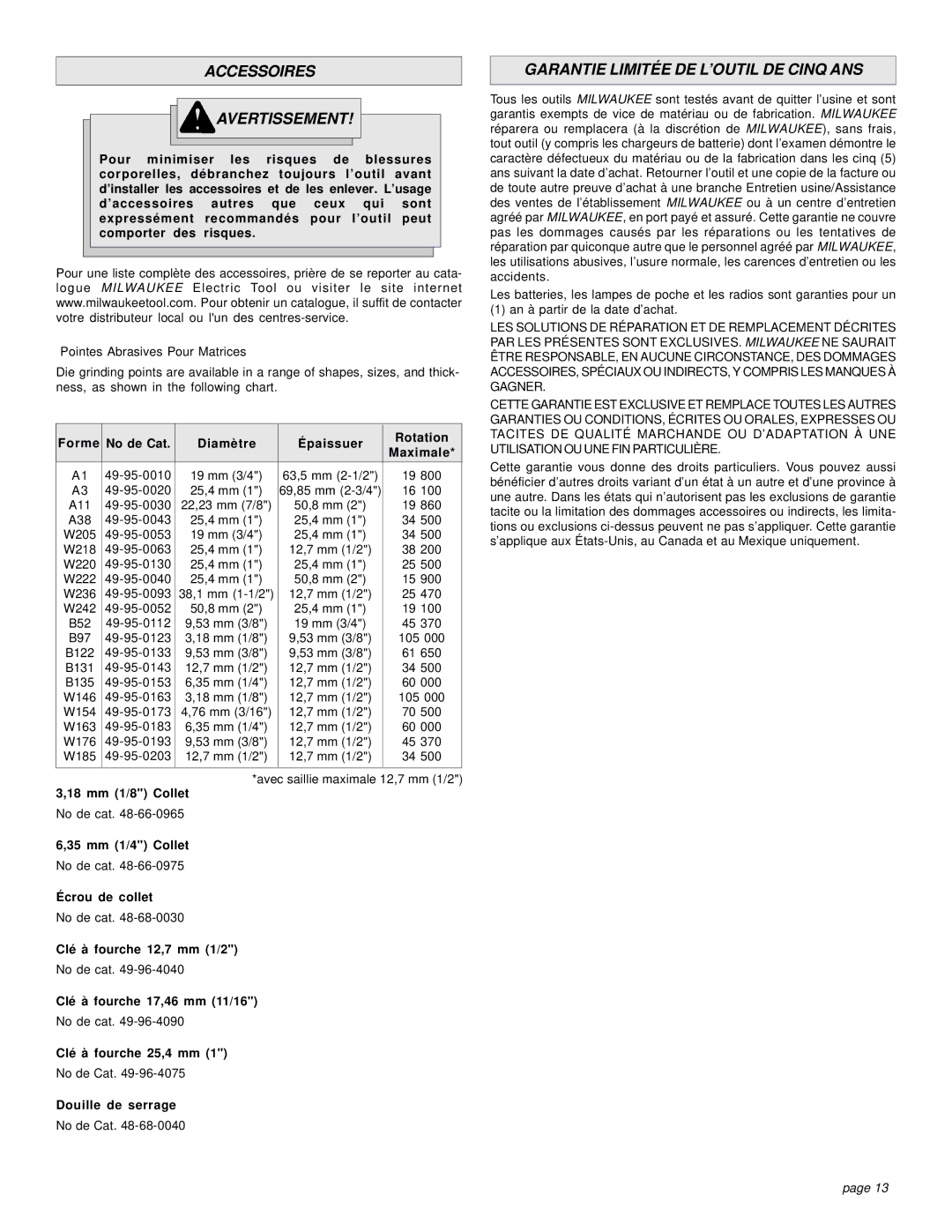 Milwaukee 5196, 5192, 5194 manual Accessoires Avertissement, Garantie Limitée DE L’OUTIL DE Cinq ANS 