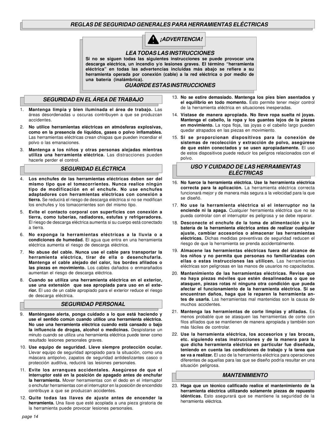 Milwaukee 5194, 5192 GUA0RDE Estas Instrucciones Seguridad EN EL Área DE Trabajo, Seguridad Eléctrica, Seguridad Personal 