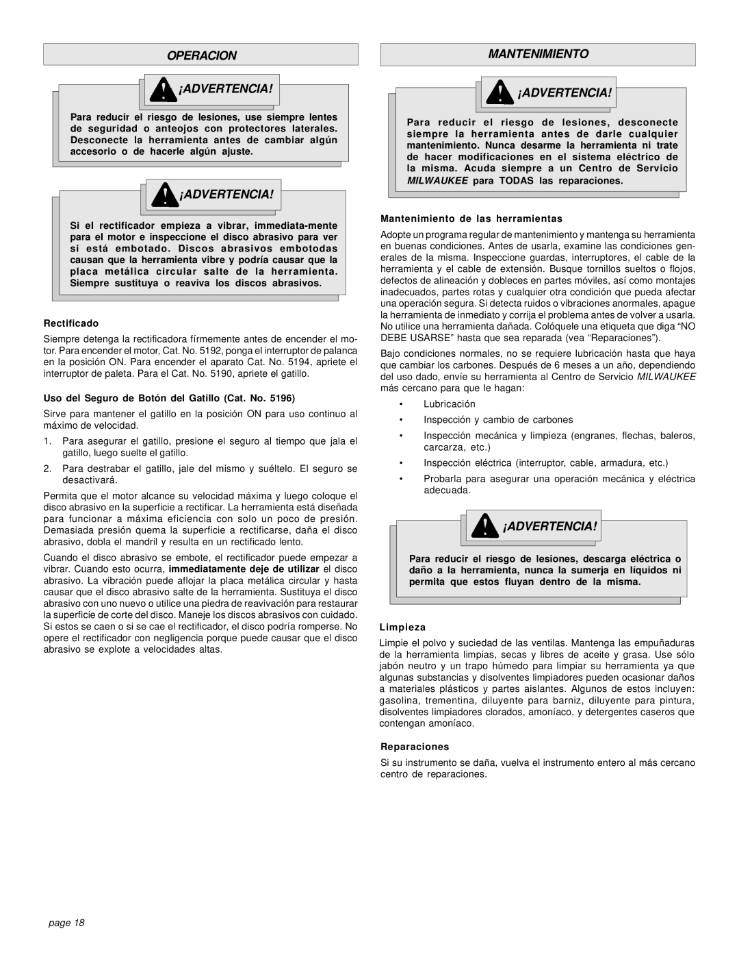 Milwaukee 5192, 5196, 5194 Operacion ¡ADVERTENCIA, Mantenimiento ¡ADVERTENCIA, Uso del Seguro de Botón del Gatillo Cat. No 