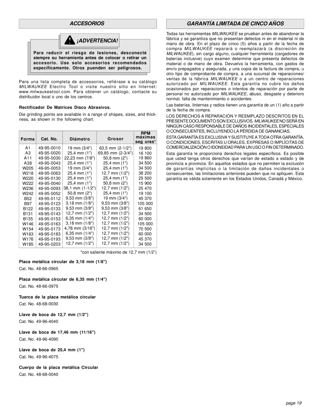 Milwaukee 5196, 5192, 5194 manual Accesorios ¡ADVERTENCIA, Garantía Limitada DE Cinco Años 