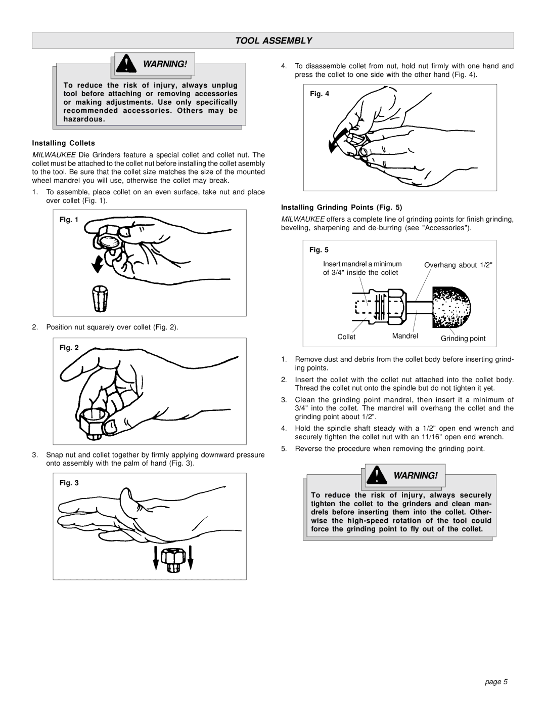Milwaukee 5194, 5192, 5196 manual Tool Assembly, Installing Grinding Points Fig 