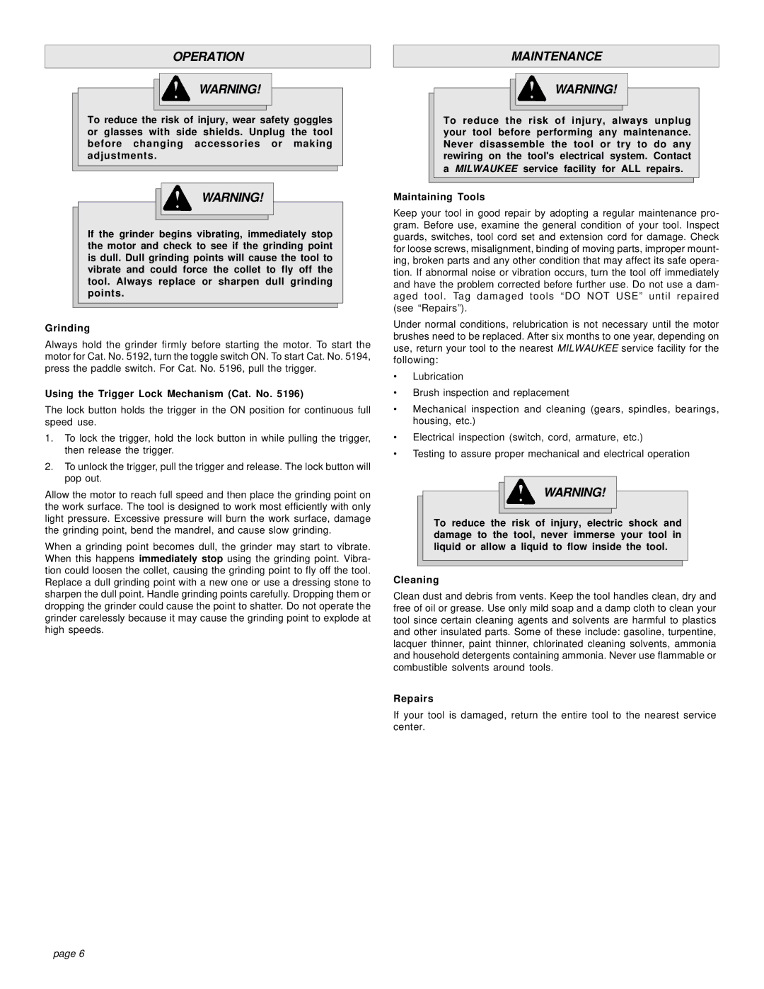 Milwaukee 5192, 5196, 5194 manual Operation, Maintenance, Using the Trigger Lock Mechanism Cat. No, Repairs 