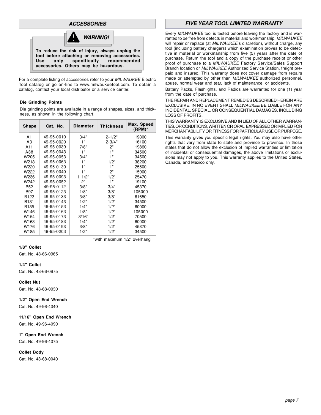 Milwaukee 5196, 5192, 5194 manual Accessories, Five Year Tool Limited Warranty 