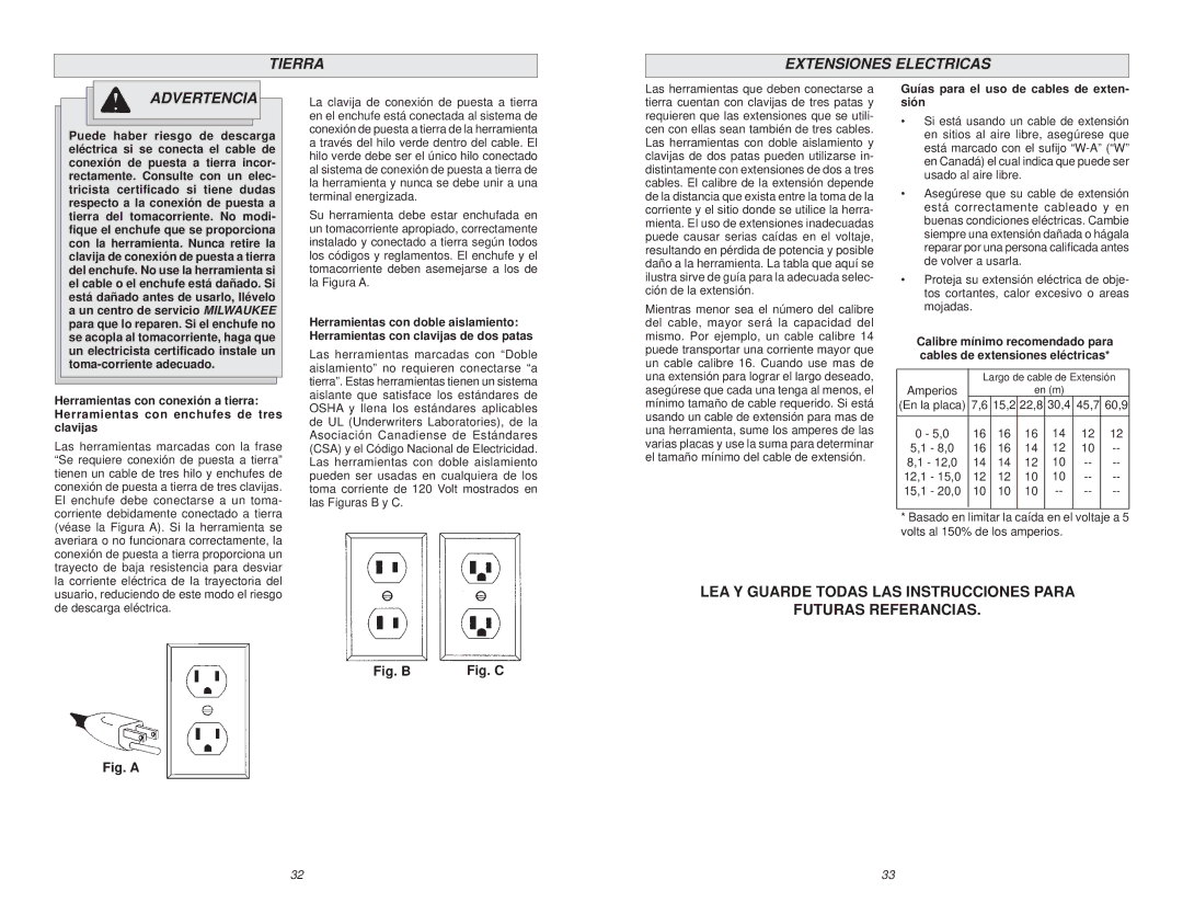 Milwaukee 5243, 5211, 5223 manual Tierra Extensiones Electricas Advertencia, Guías para el uso de cables de exten- sión 