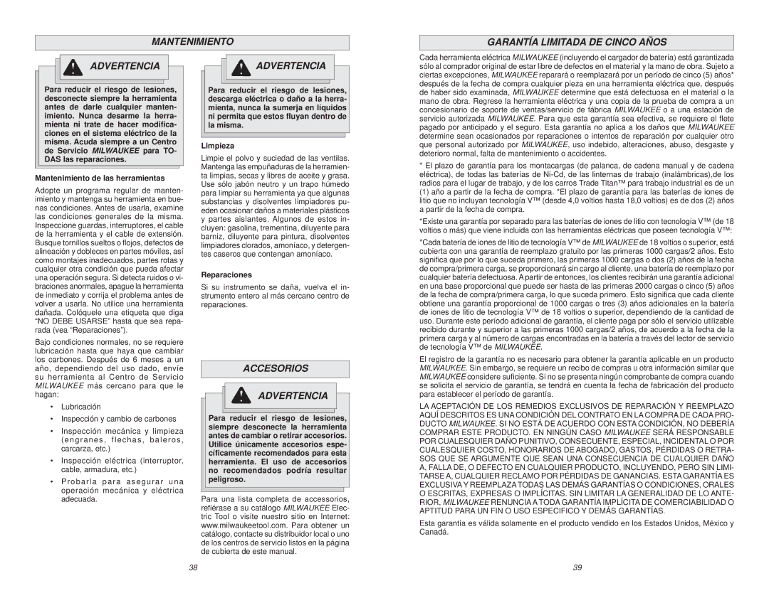 Milwaukee 5243, 5211, 5223 Mantenimiento Garantía Limitada DE Cinco Años Advertencia, Accesorios Advertencia, Reparaciones 