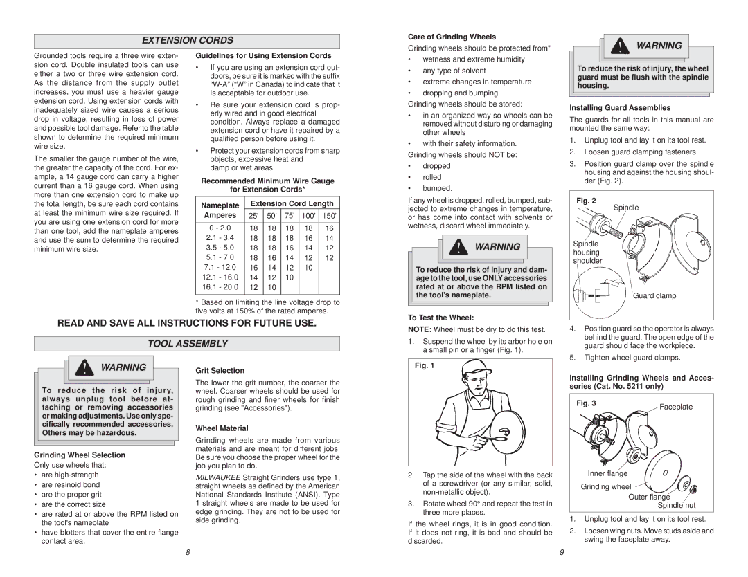 Milwaukee 5243, 5211, 5223 manual Extension Cords, Tool Assembly 
