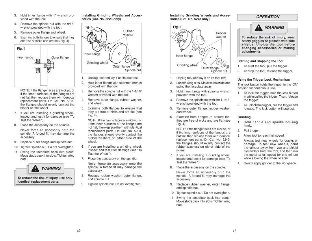 Milwaukee 5211 Operation, Installing Grinding Wheels and Acces- sories Cat. No only, Using the Trigger Lock Mechanism 