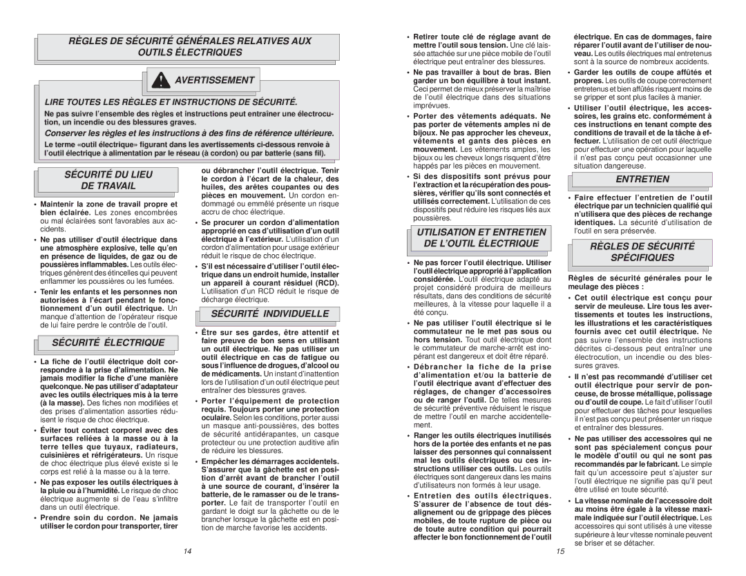 Milwaukee 5243, 5211, 5223 manual Sécurité DU Lieu DE Travail, Sécurité Électrique, Sécurité Individuelle, Entretien 