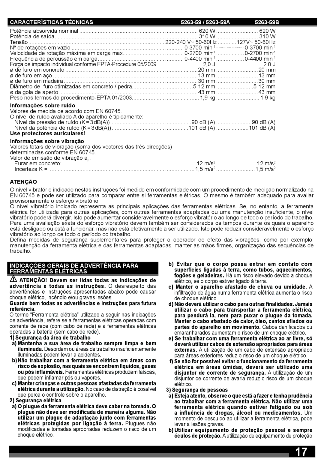 Milwaukee 5263-59B Características Técnicas, Informações sobre ruído, Segurança da área de trabalho, Segurança elétrica 