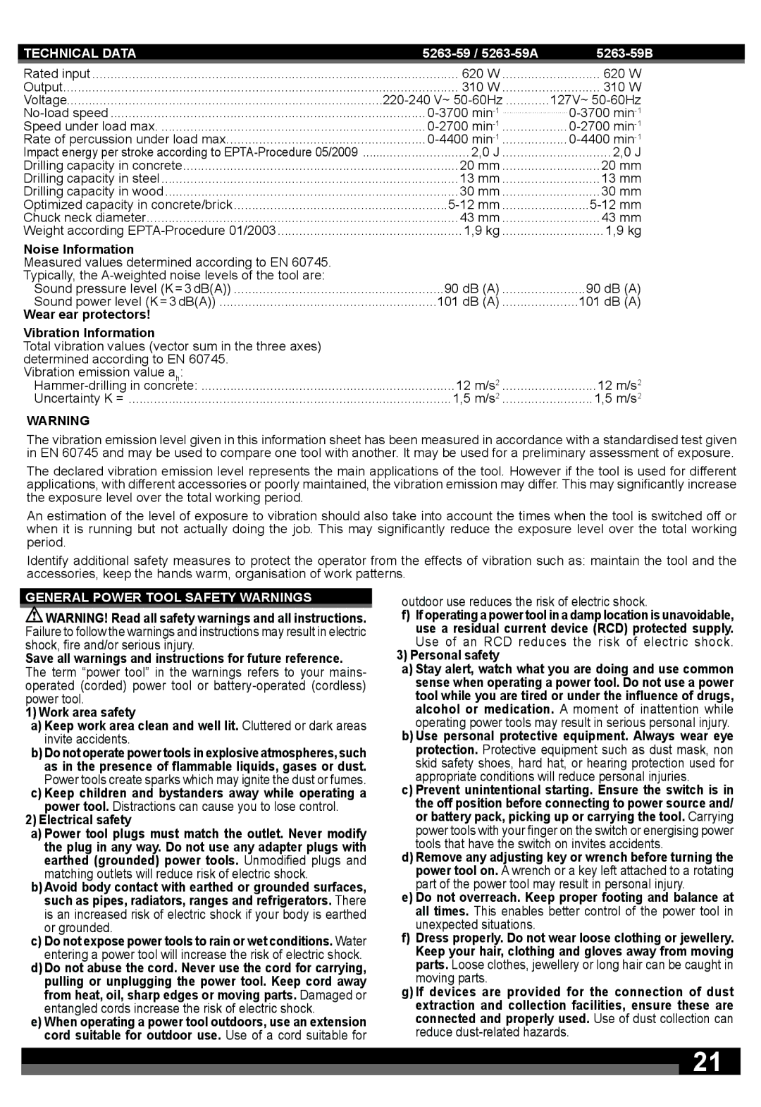 Milwaukee 5263-59A manual Technical Data, Noise Information, Wear ear protectors Vibration Information, Electrical safety 