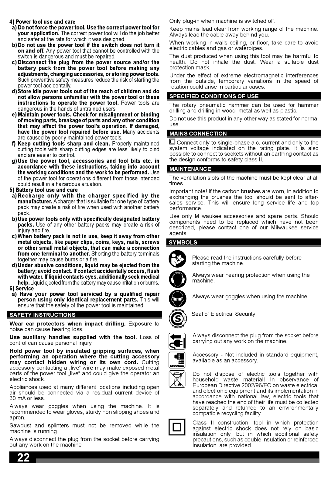 Milwaukee 5263-59A, 5263-59B Safety Instructions, Specified Conditions of USE, Mains Connection, Maintenance, Symbols 