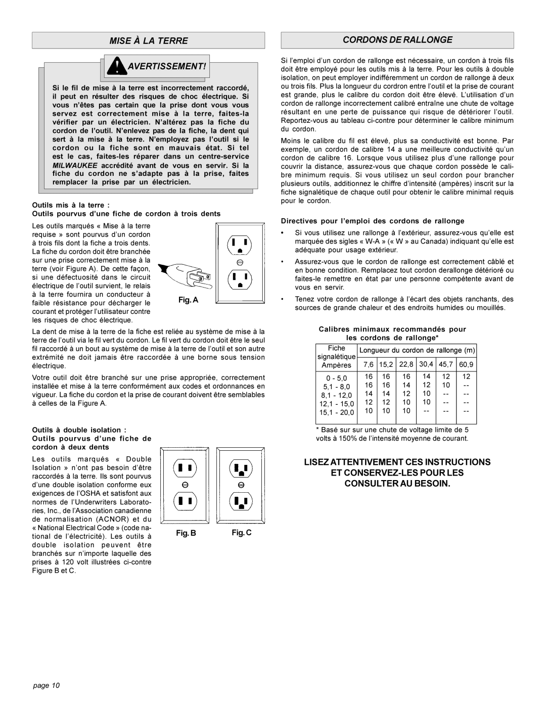 Milwaukee 5303-20 Mise À LA Terre Avertissement, Cordons DE Rallonge, Directives pour l’emploi des cordons de rallonge 