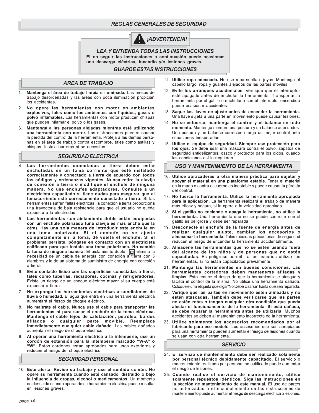 Milwaukee 5303-20 manual Guarde Estas Instrucciones Area DE Trabajo, Seguridad Electrica, Seguridad Personal, Servicio 