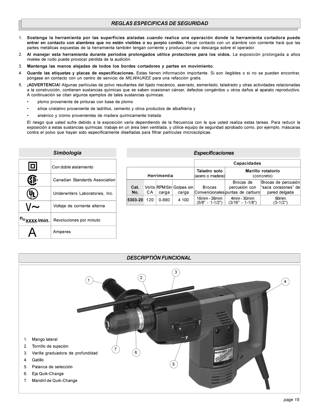 Milwaukee 5303-20 manual Reglas Especificas DE Seguridad, Descriptión Funcional 