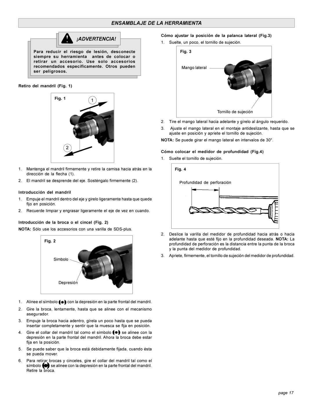 Milwaukee 5303-20 manual Ensamblaje DE LA Herramienta ¡ADVERTENCIA, Cómo colocar el medidor de profundidad 