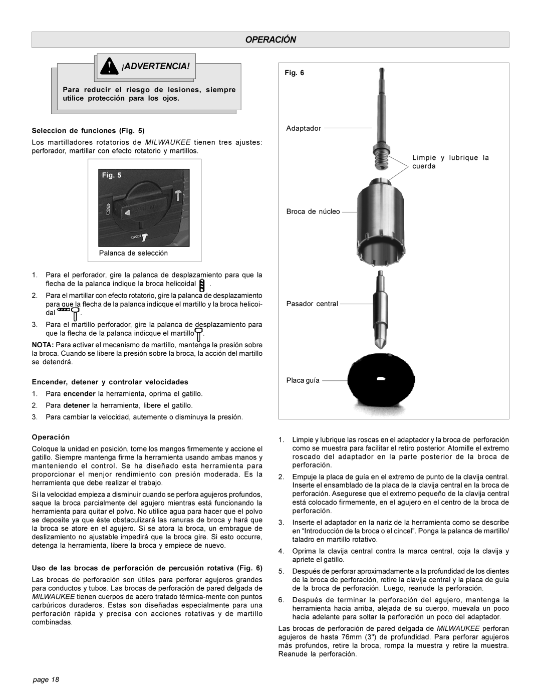 Milwaukee 5303-20 manual Operación ¡ADVERTENCIA, Encender, detener y controlar velocidades 