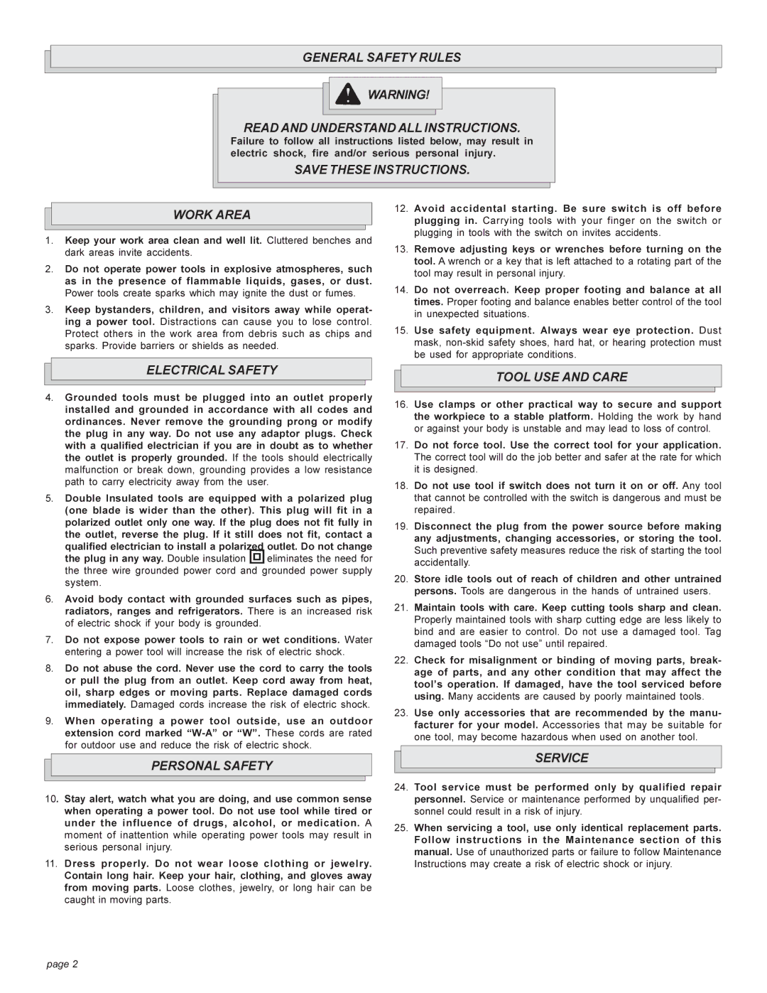 Milwaukee 5303-20 manual General Safety Rules, Work Area, Electrical Safety, Personal Safety, Tool USE and Care, Service 