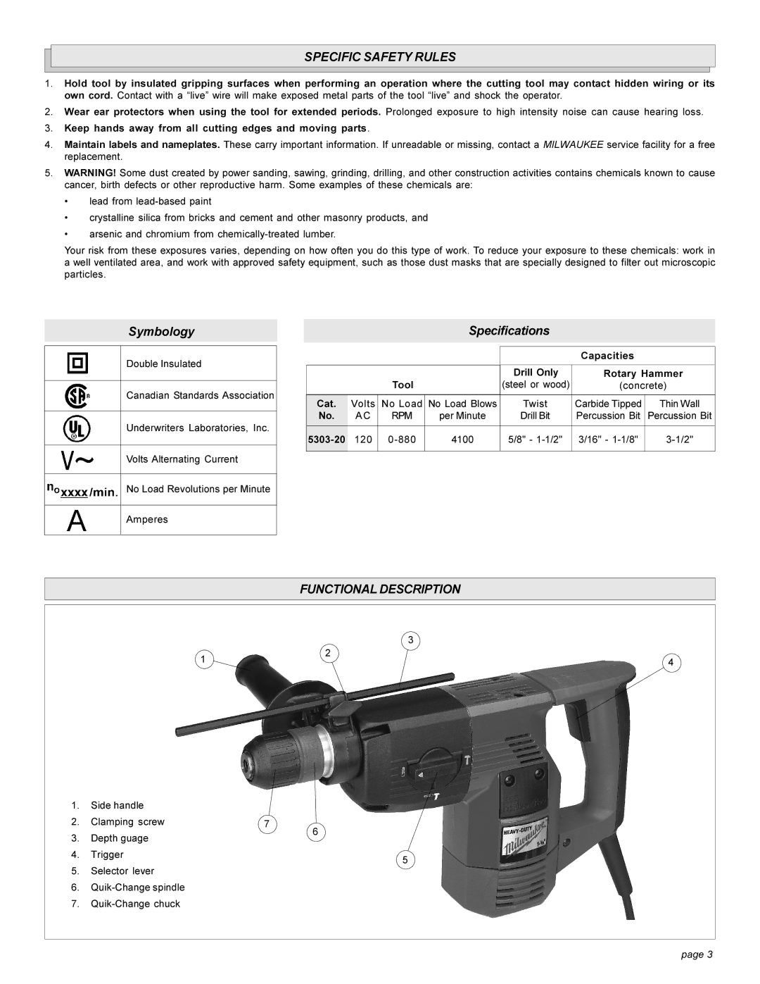 Milwaukee 5303-20 manual Specific Safety Rules, Functional Description 