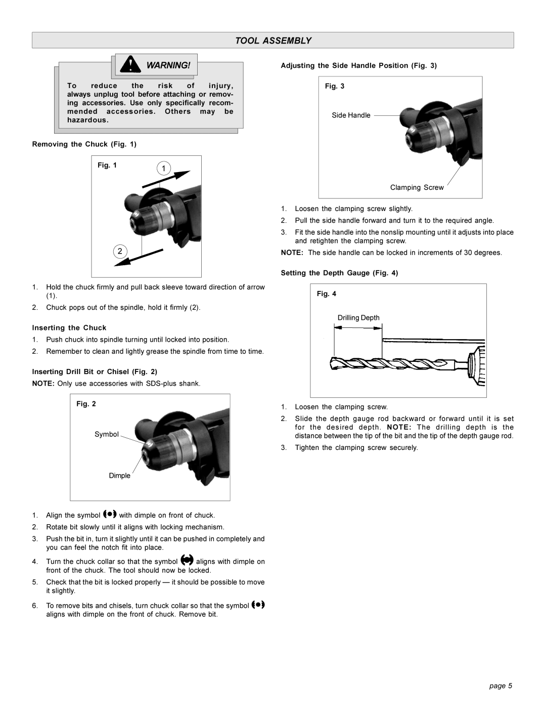 Milwaukee 5303-20 manual Tool Assembly, Inserting the Chuck, Inserting Drill Bit or Chisel Fig, Setting the Depth Gauge Fig 